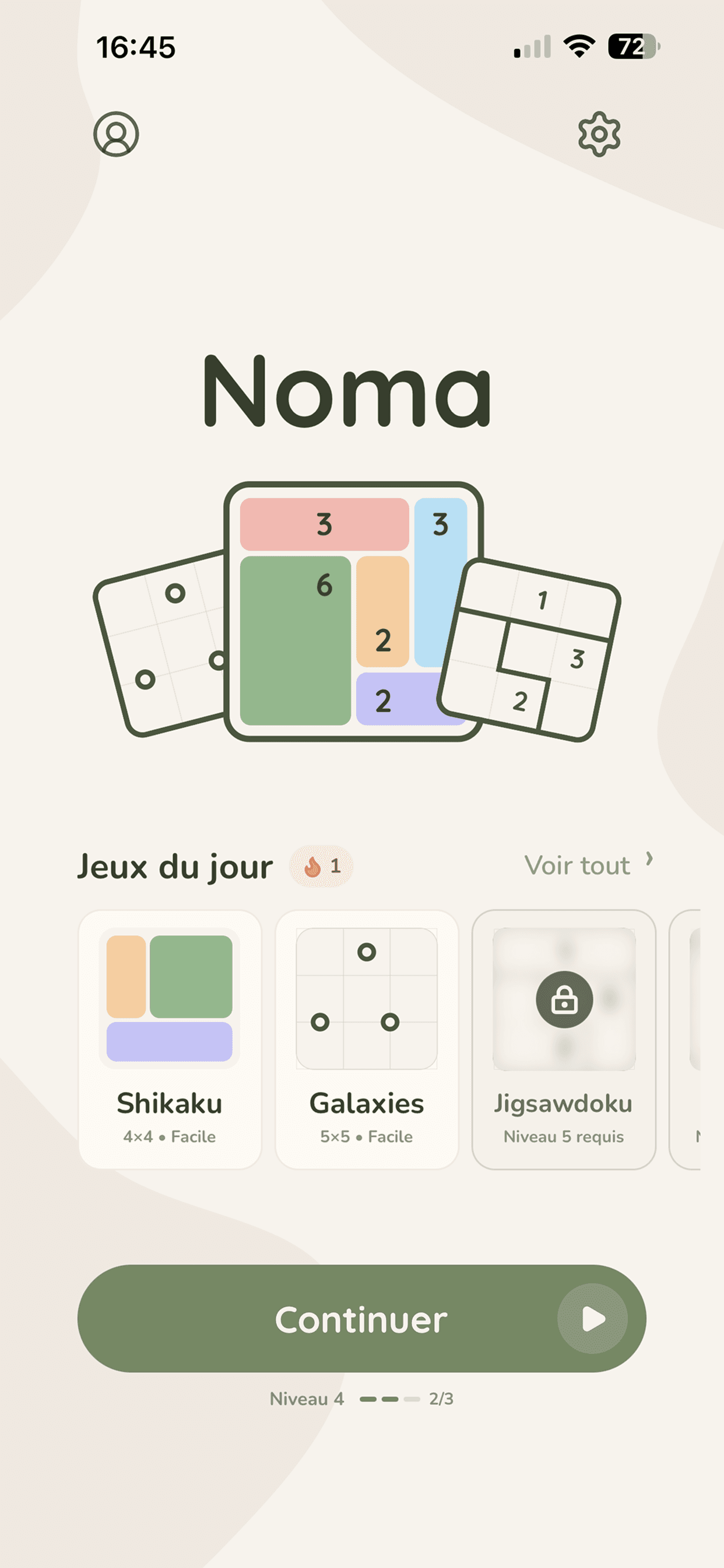 Écran d’accueil de Noma avec les puzzles du jour